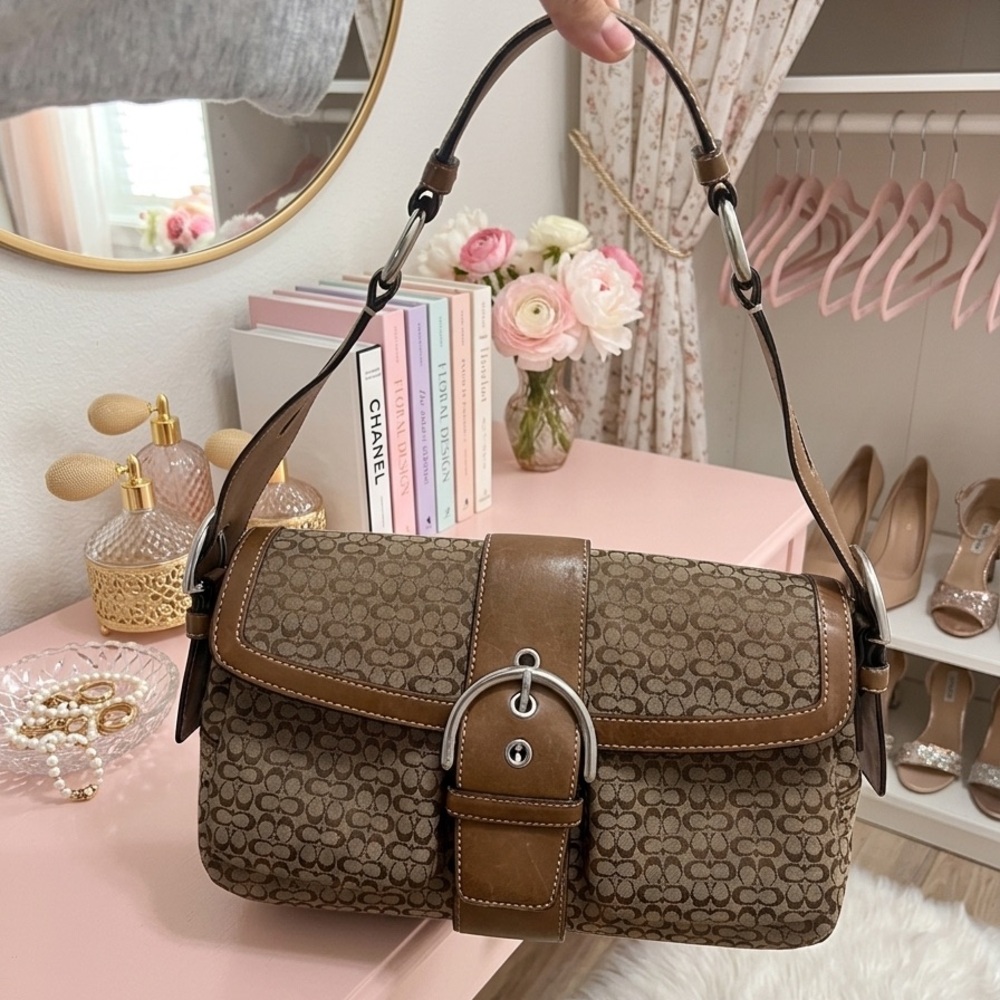 VTG Coach Signature Medium Soho Flap Shoulder Bag Brown Canvas Authentic y2k